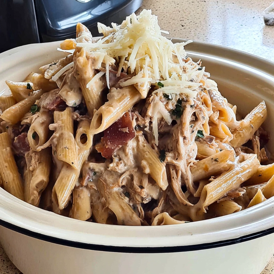 creamy-crockpot-marry-me-chicken-pasta A creamy bowl of Crockpot Marry Me Chicken Pasta topped with shredded parmesan cheese, served in a white crockpot.