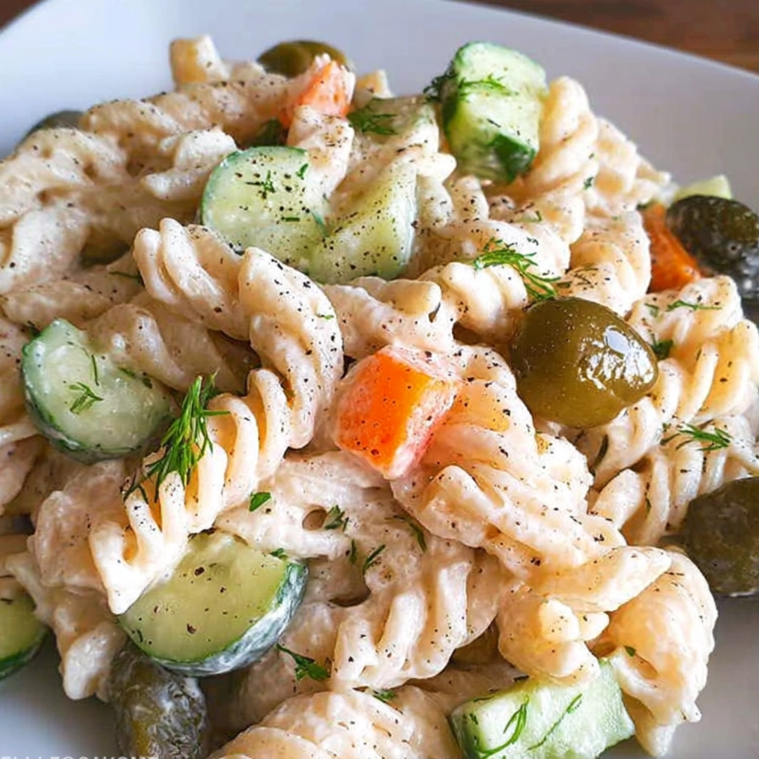 Creamy dill pickle pasta salad recipe with rotini pasta, cucumbers, and fresh dill