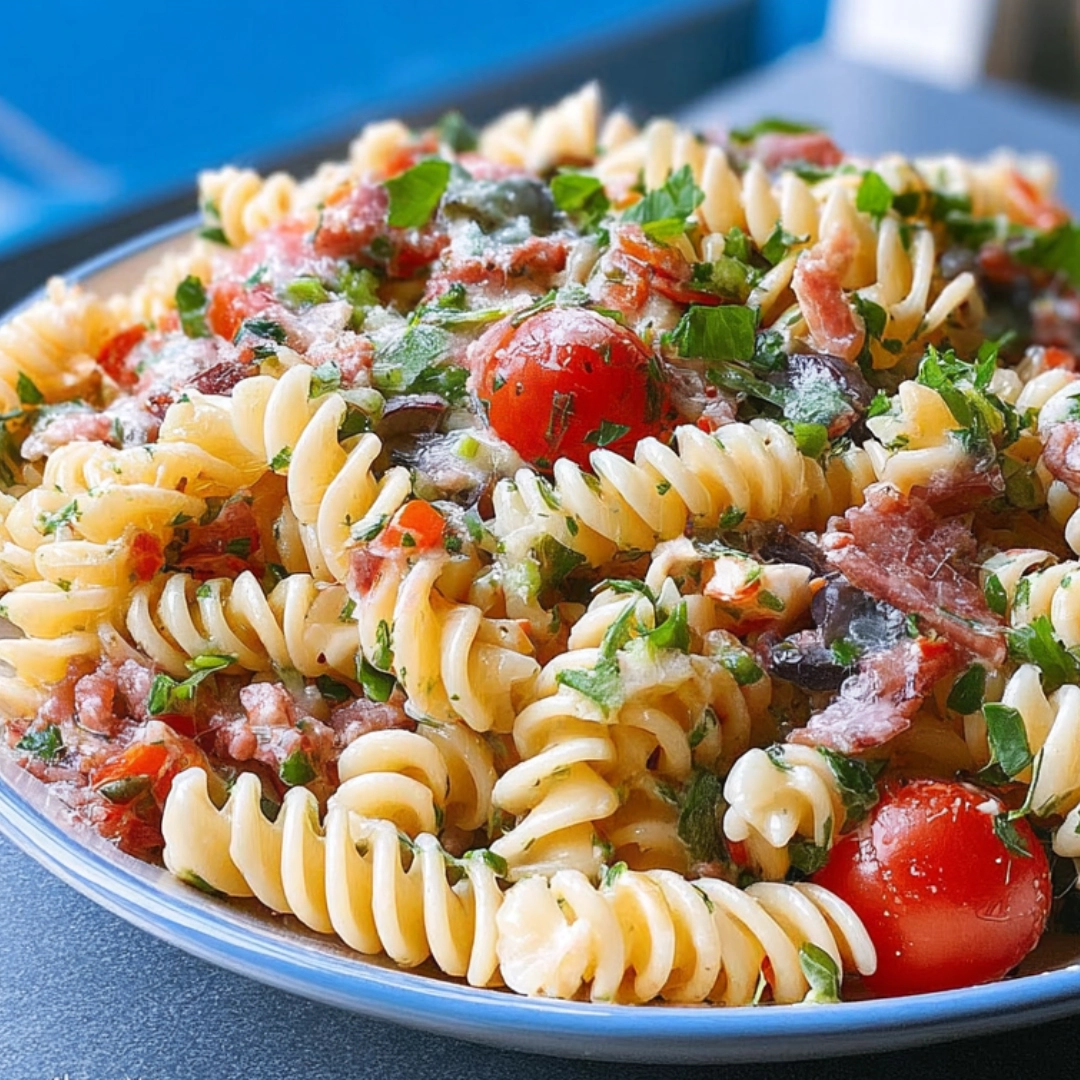 Creamy rotini pasta salad with grape tomatoes, herbs, and sliced beef pepperoni