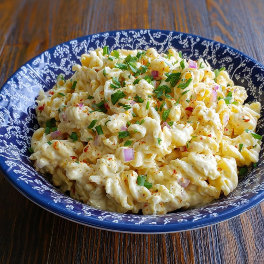 deviled-egg-pasta-salad-in-blue-bowl.webp Creamy deviled egg pasta salad in a blue patterned bowl topped with fresh herbs and red onion