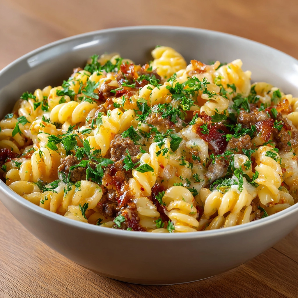 Hearty cheesy beef pasta fresh off the stove Cheesy beef pasta in ceramic bowl with fresh herbs