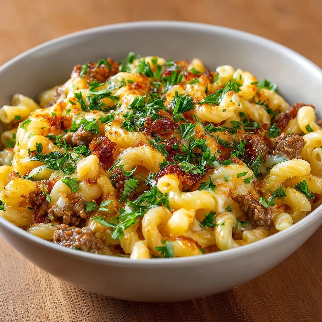 cheesy-beef-pasta-featured Cheesy beef pasta in ceramic bowl with fresh herbs