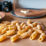 Handmade garganelli pasta on wooden board