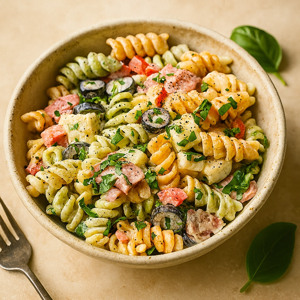 mixed-creamy-italian-pasta-salad-finished.webp Fully mixed creamy Italian pasta salad with rotini, herbs, cheese, and olives in a large bowl