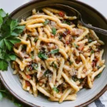 Close-up of one-pot casarecce pasta with chicken, basil, and fire-roasted tomatoes served in a bowl