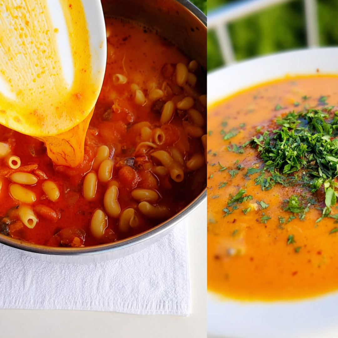 pasta-e-fagioli-recipe-in-progress Pasta e fagioli recipe cooking in a pot with tomato broth and pasta