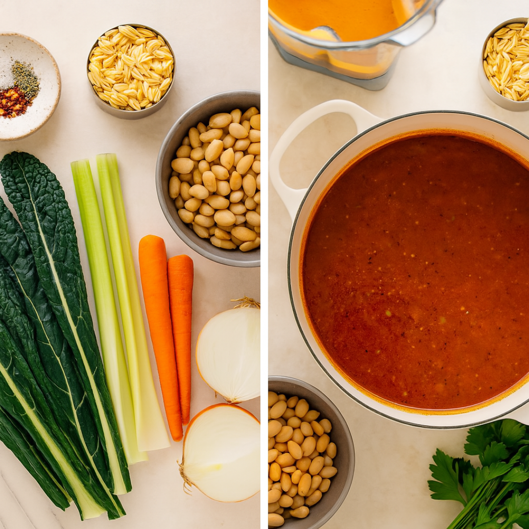 pasta-e-fagioli-recipe-ingredients-prep Fresh ingredients for pasta e fagioli recipe including beans, kale, pasta, and broth