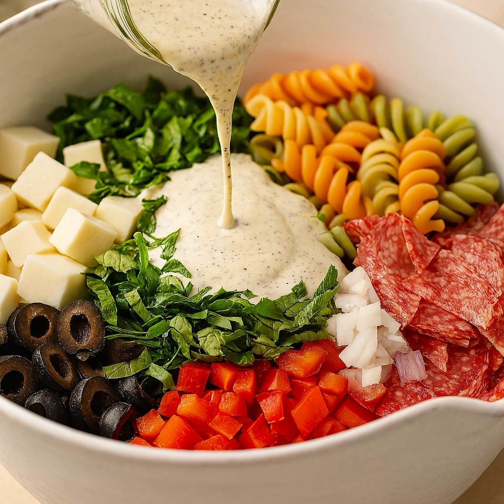 pasta-salad-ingredients-before-mixing.webp Creamy Italian pasta salad ingredients before mixing including rotini, olives, mozzarella, and red peppers