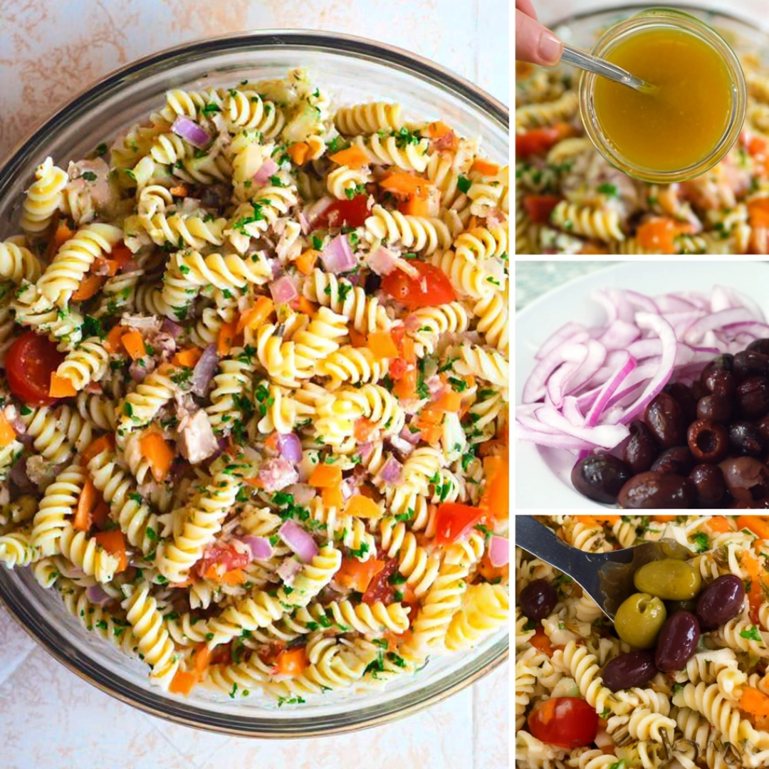 pasta-salad-prep-with-italian-dressing Pasta salad being prepared with olives, red onions, and Italian dressing