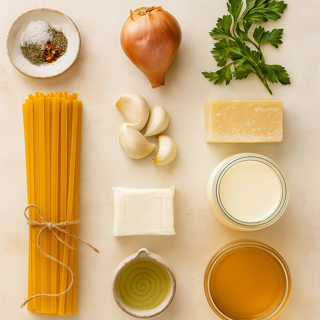 philadelphia-cream-cheese-pasta-ingredients Step-by-step cooking ingredients for philadelphia cream cheese pasta with pasta, broth, cream cheese, and garlic in a pot