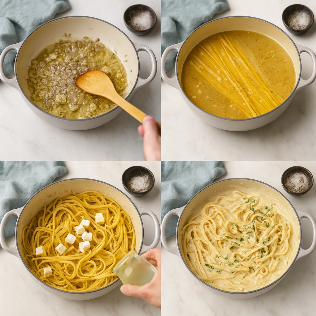 philadelphia-cream-cheese-pasta-step-by-step Step-by-step cooking process for making philadelphia cream cheese pasta in a pot