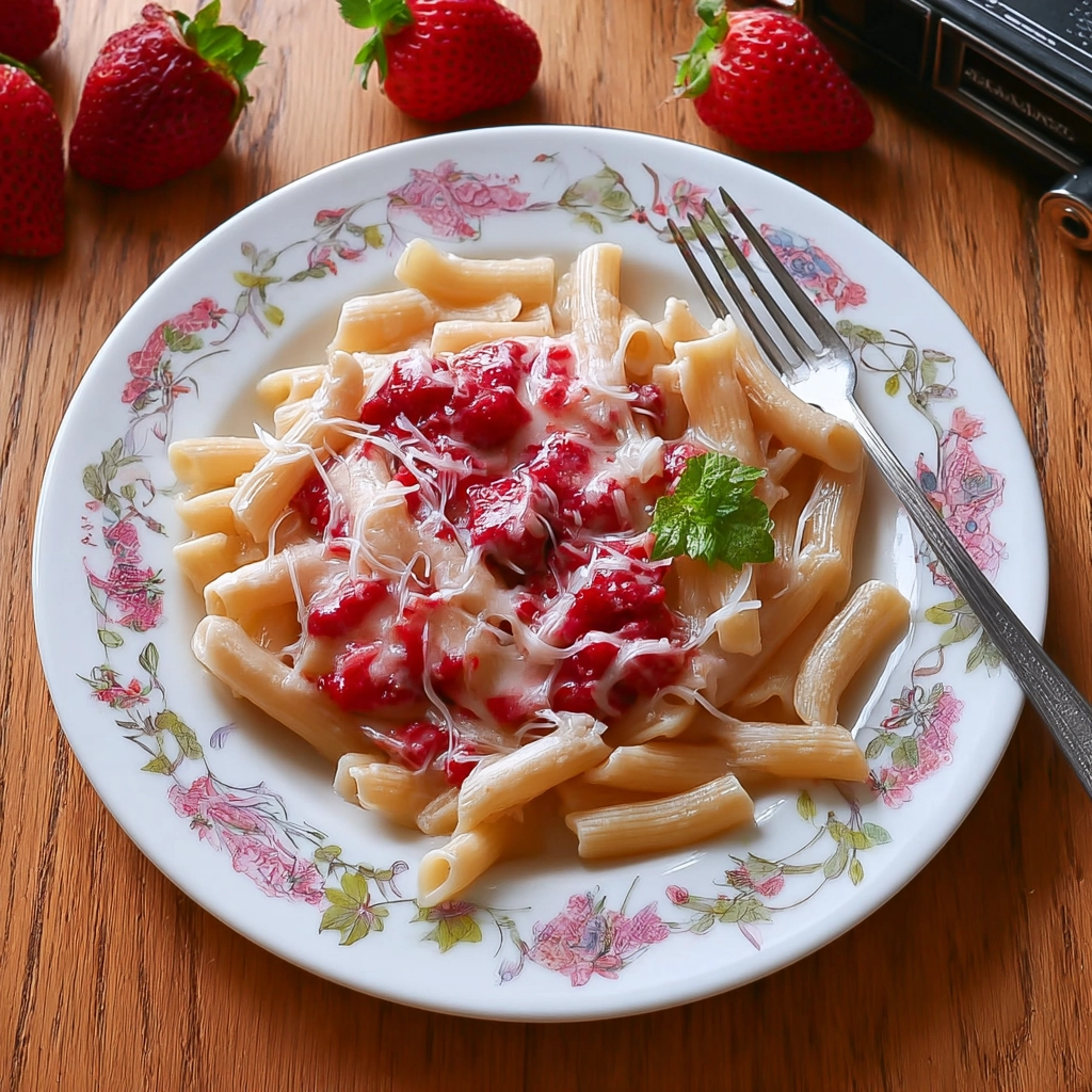 polish-strawberry-pasta-recipe-dish Plate of Polish Strawberry Pasta topped with fresh strawberry sauce and grated cream served on a floral plate with fresh strawberries in the background