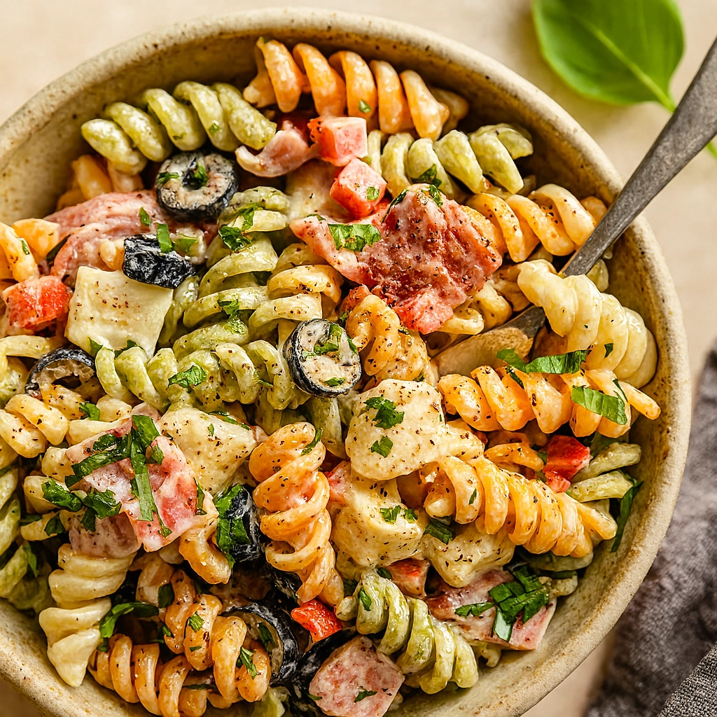 pouring-dressing-over-pasta-salad.webp Pouring creamy Italian pasta salad dressing over bowl of pasta, herbs, and vegetables