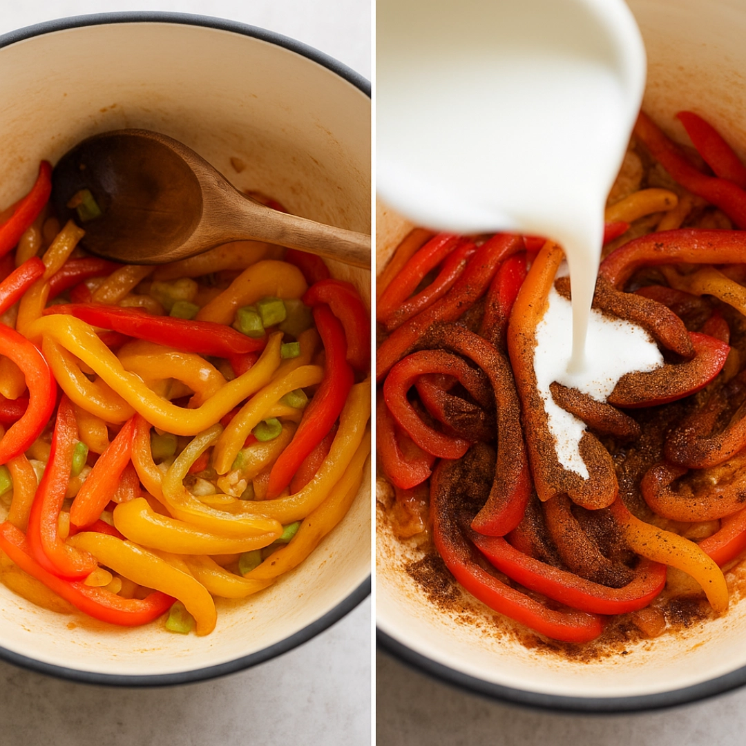 rasta-pasta-recipe-cooking-bell-peppers Bell peppers sautéed with green onions and jerk seasoning for Rasta Pasta