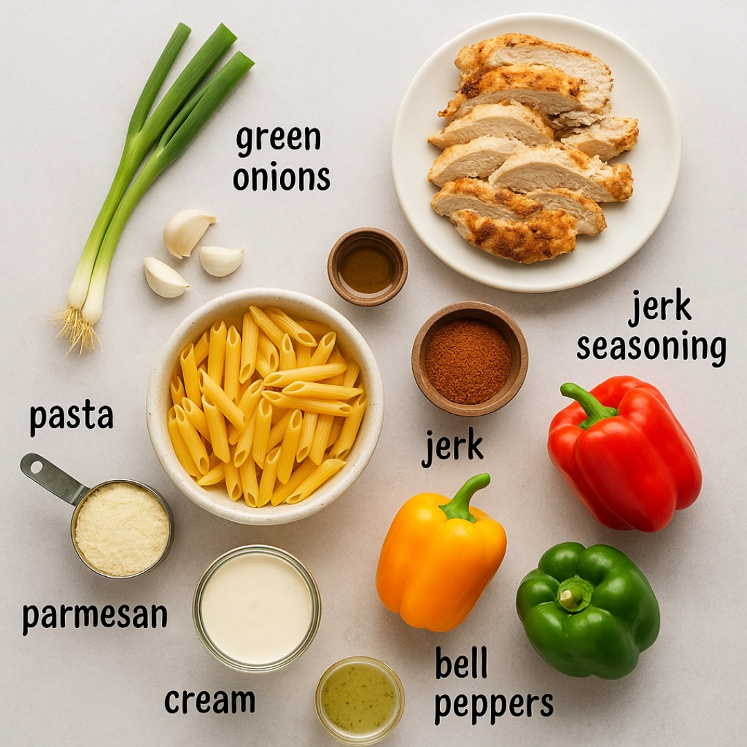 rasta-pasta-recipe-ingredients-flat-lay Ingredients for creamy Rasta Pasta recipe laid out on a white background