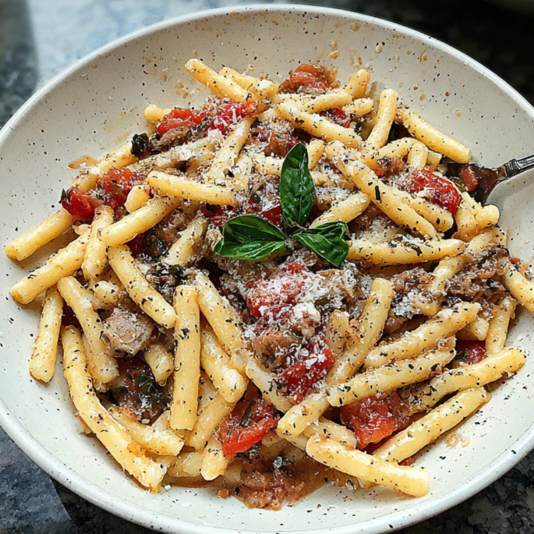 simple-creamy-casarecce-pasta-recipe-with-tomatoes-and-basi Simple casarecce pasta cooked in one pot with creamy tomato sauce, basil, and tender chicken