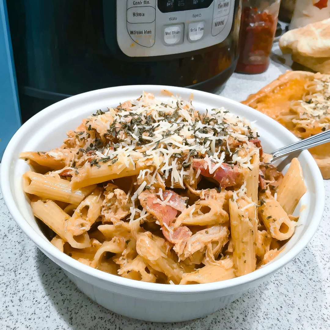 slow-cooker-chicken-pasta-with-parmesan Slow cooker chicken pasta served in a white bowl, garnished with parmesan and herbs, placed in front of an Instant Pot.