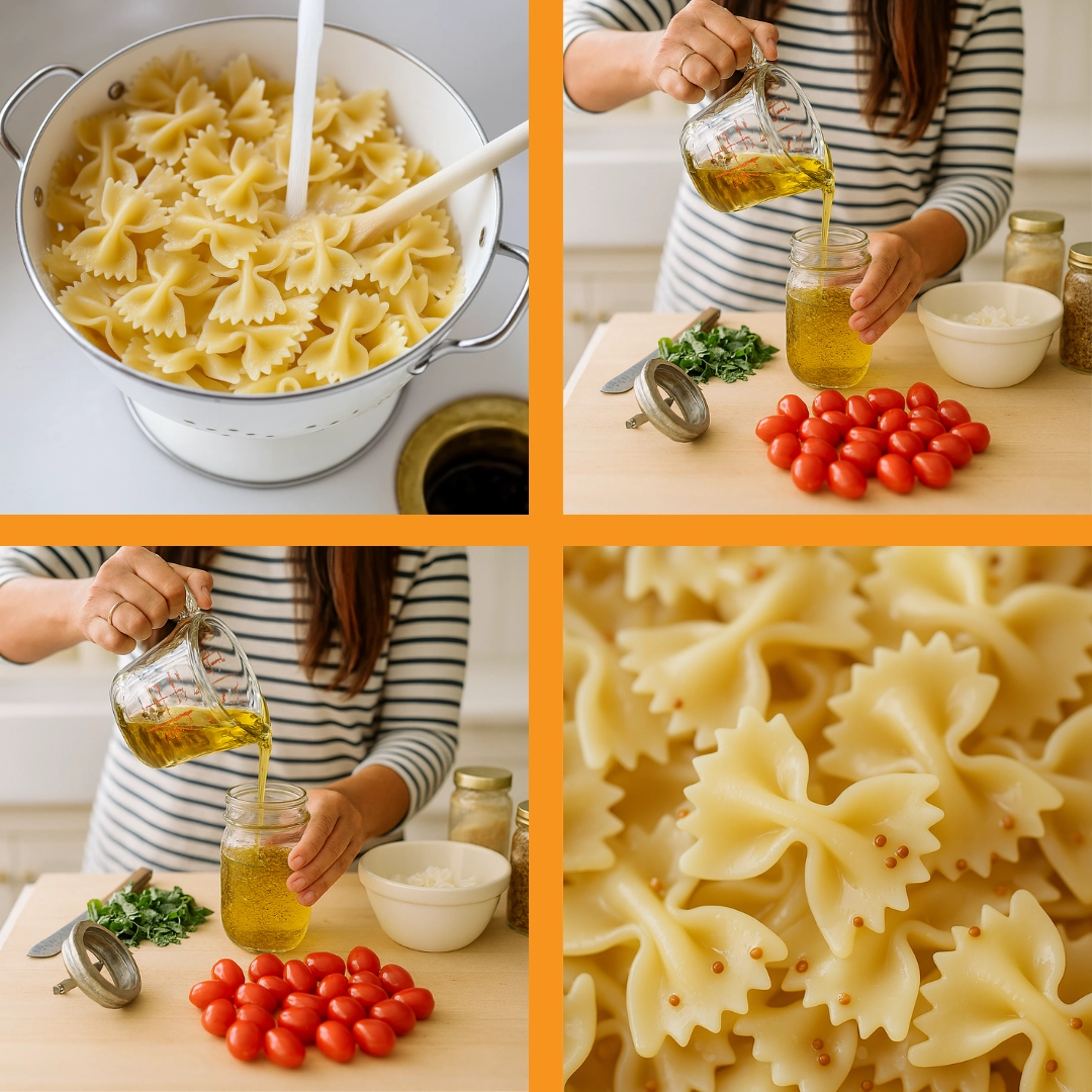 step-by-step-bow-tie-pasta-salad-preparation Collage showing pasta boiling, vinaigrette preparation, and raw ingredients for pasta salad