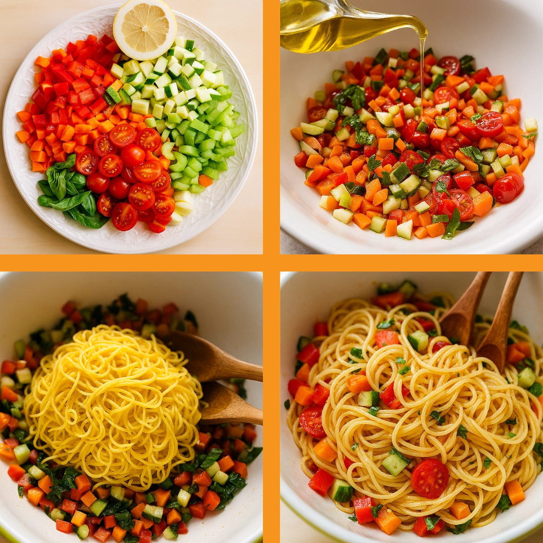 step-by-step-summer-tagliolini-pasta-recipe Step-by-step prep of summer tagliolini pasta recipe with raw marinated vegetables