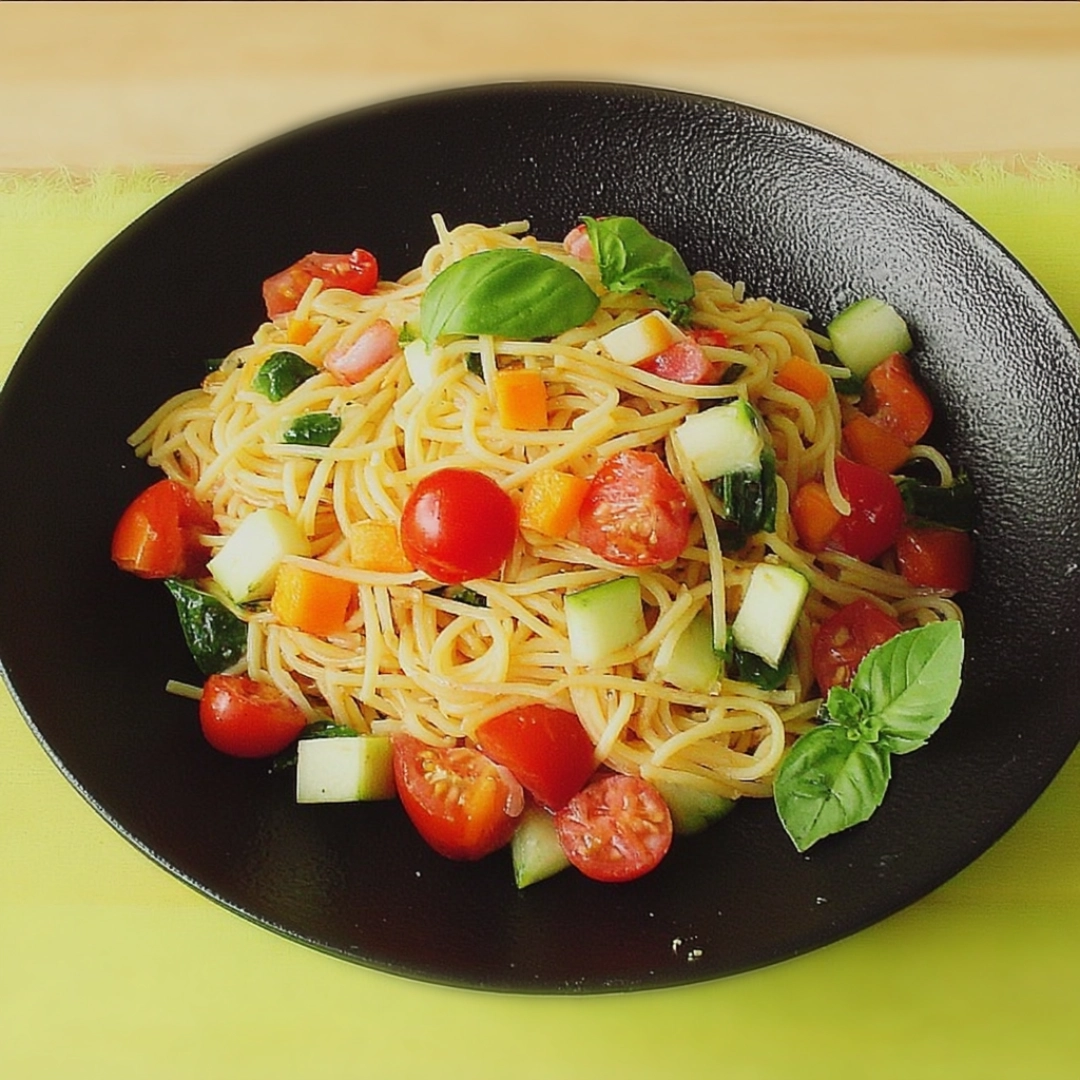 summer-tagliolini-pasta-recipe-colorful-veggies Summer tagliolini pasta recipe tossed with zucchini, tomatoes, bell peppers and fresh herbs