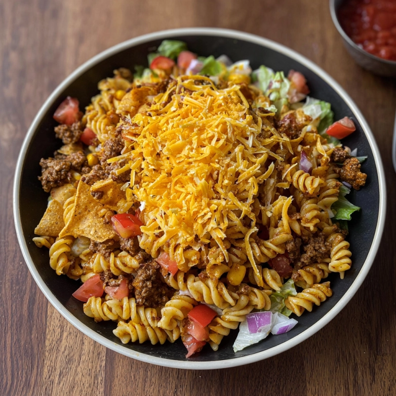taco-pasta-salad-dressing-drizzle Taco pasta salad dressing being poured over a colorful taco pasta salad