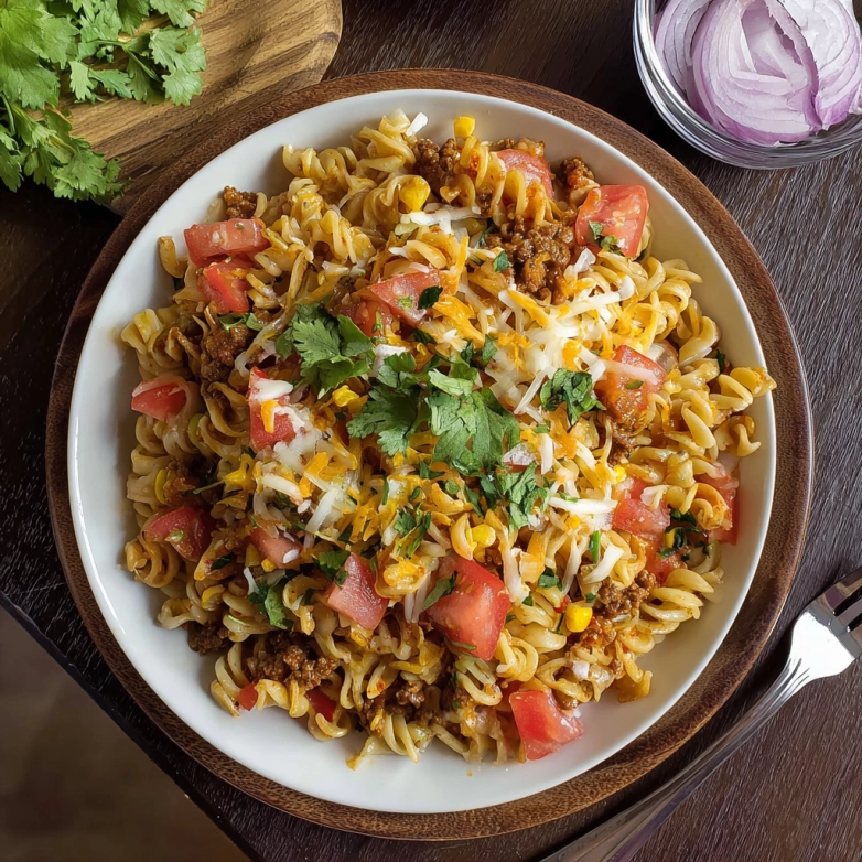 taco-pasta-salad-served-bowl Traditional taco pasta salad recipe served in a rustic bowl with fresh toppings
