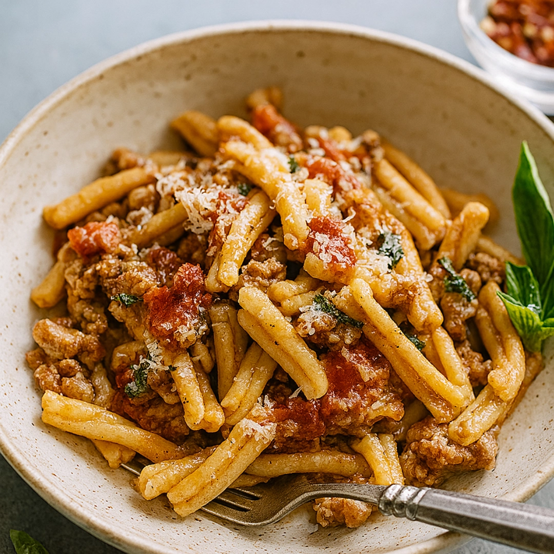 traditional-casarecce-pasta-recipe-with-tomato-and-chicken Traditional casarecce pasta with chicken, tomato sauce, and fresh basil in a rustic bowl