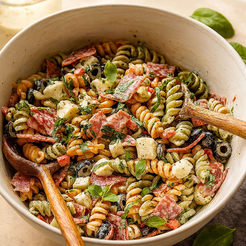 Bowl of creamy Italian pasta salad with tri-color rotini, mozzarella, black olives, and fresh herbs