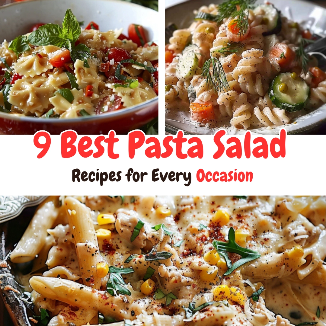 A colorful assortment of pasta salad recipes with fresh vegetables and dressings
