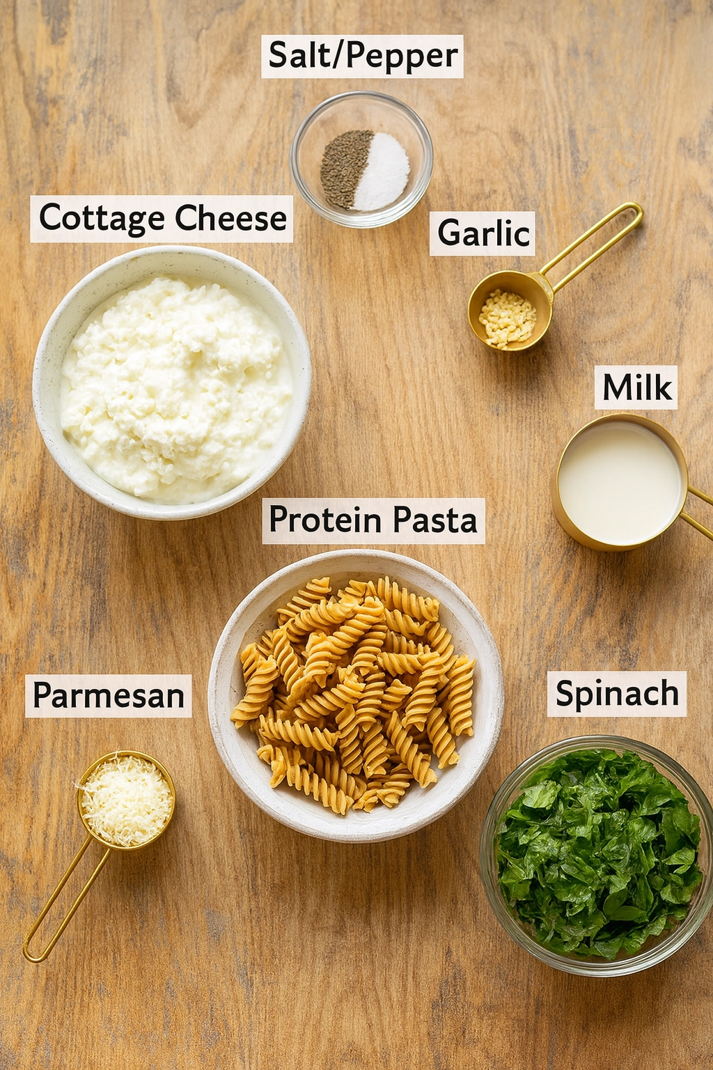 Protein Pasta Ingredients with Cottage Cheese, Spinach, and Parmesan Ingredients for protein pasta including cottage cheese, protein pasta, spinach, parmesan, garlic, milk, salt, and pepper