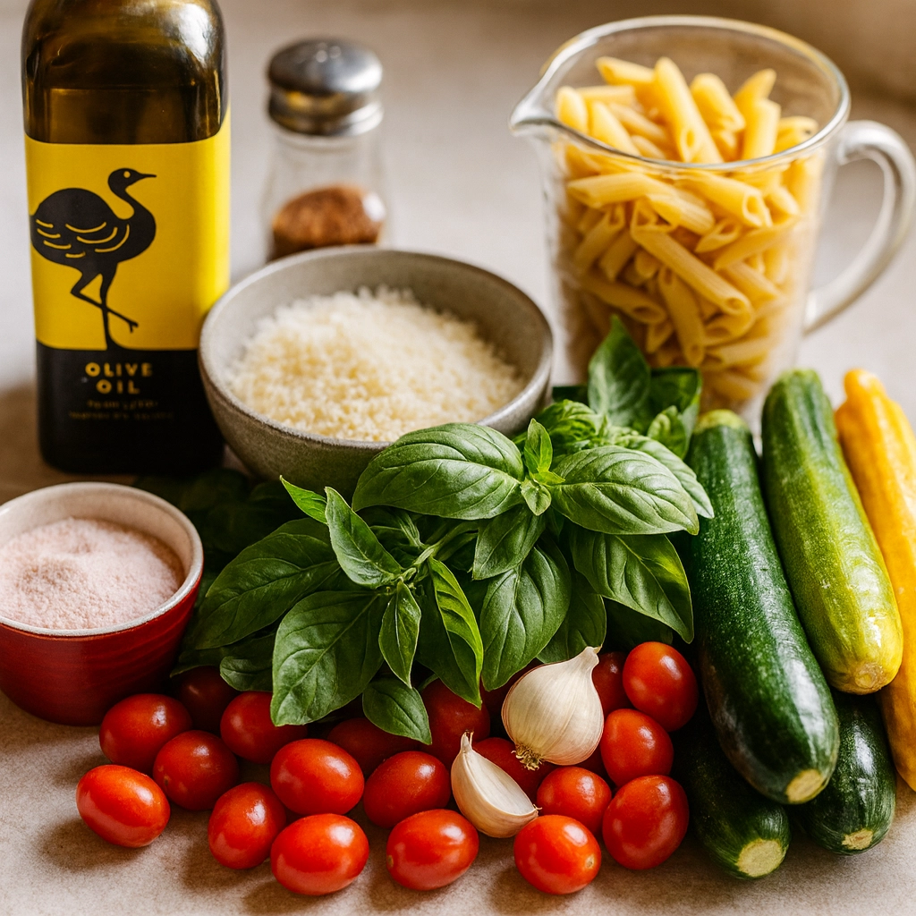 Fresh Ingredients for Pasta with Zucchini and Tomatoes Ingredients for pasta with zucchini and tomatoes