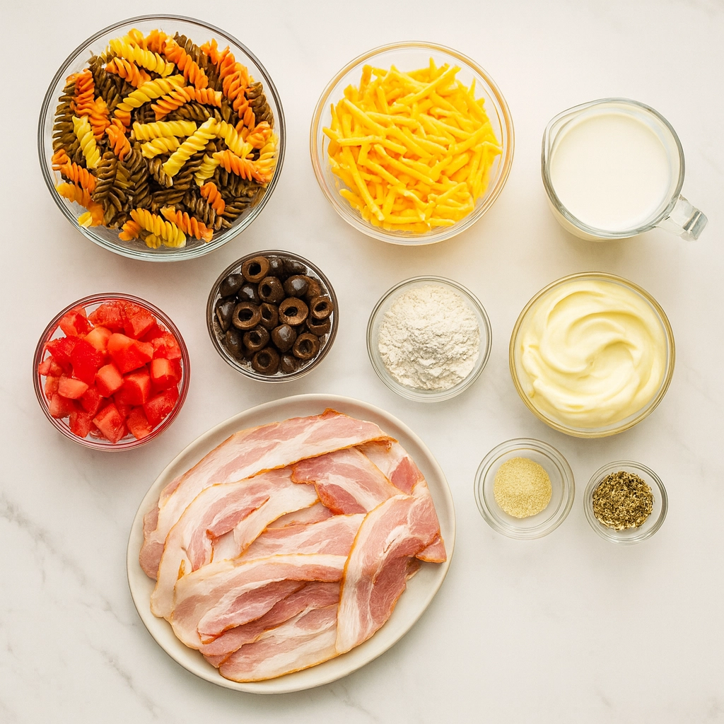 Bacon Ranch Pasta Salad Ingredients Ingredients for bacon ranch pasta salad including rotini pasta, bacon, ranch mix, cheese, and tomatoes