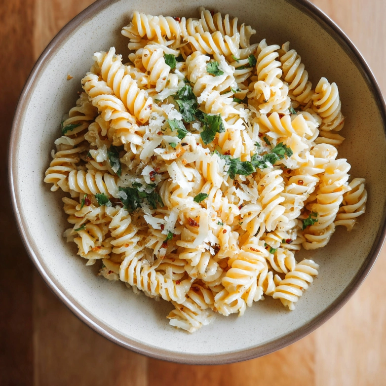 Creamy Garlic Parmesan Protein Pasta in a Bowl A bowl of creamy garlic parmesan protein pasta topped with fresh herbs and shredded cheese