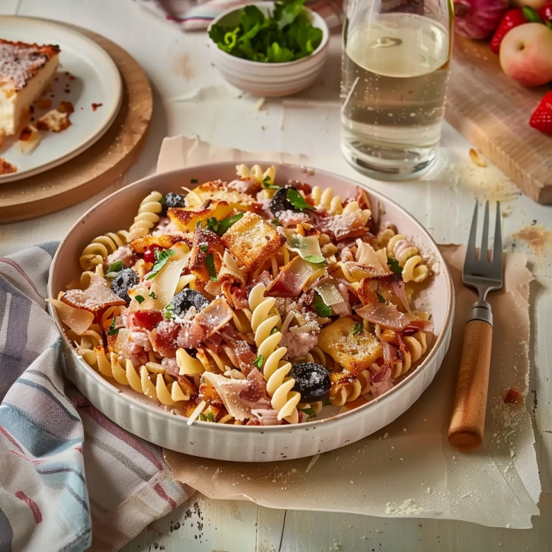 Bacon Ranch Pasta Salad – Creamy and Flavorful Bowl of creamy bacon ranch pasta salad with rotini, bacon, cheddar cheese, and fresh tomatoes
