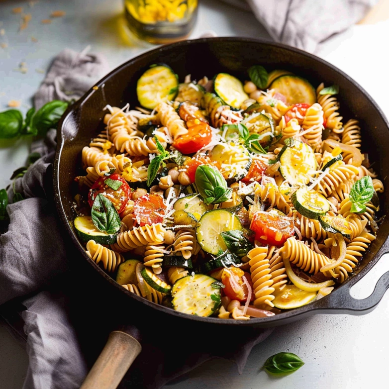 Pasta with zucchini and tomatoes in a skillet with Parmesan