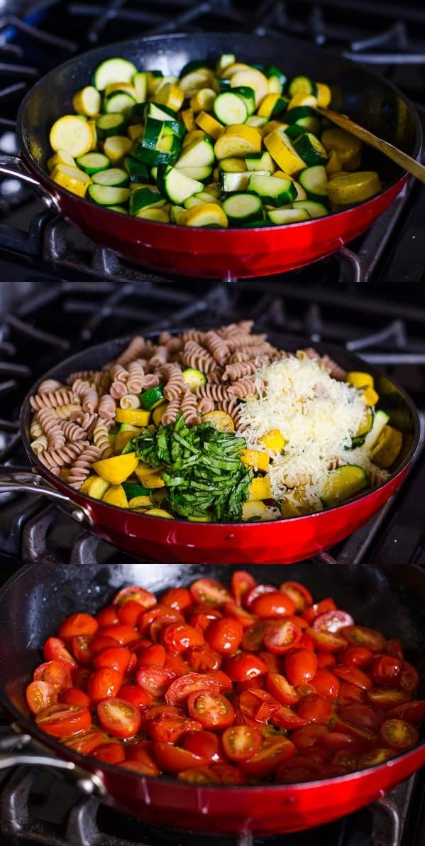 How to Cook Pasta with Zucchini and Tomatoes Cooking pasta with zucchini and tomatoes in a skillet