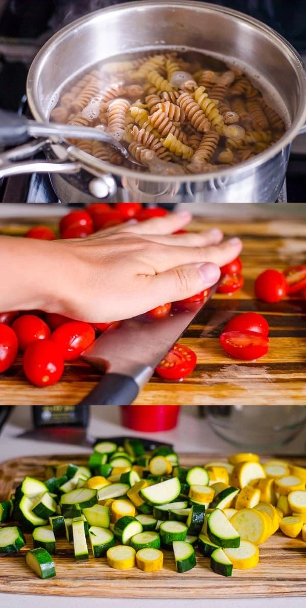How to Cook Pasta with Zucchini and Tomatoes Cooking pasta with zucchini and tomatoes in a skillet