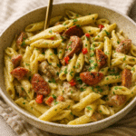 andouille sausage pasta recipe served in a skillet