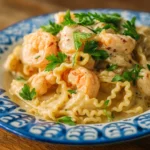 Lemon ricotta pasta with shrimp in a creamy lemon sauce