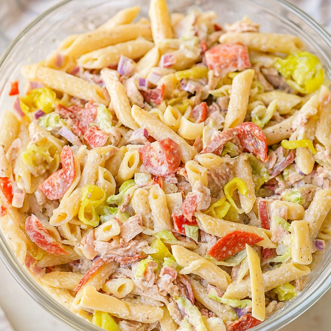 Creamy grinder pasta salad recipe with deli meats, provolone, and pepperoncini