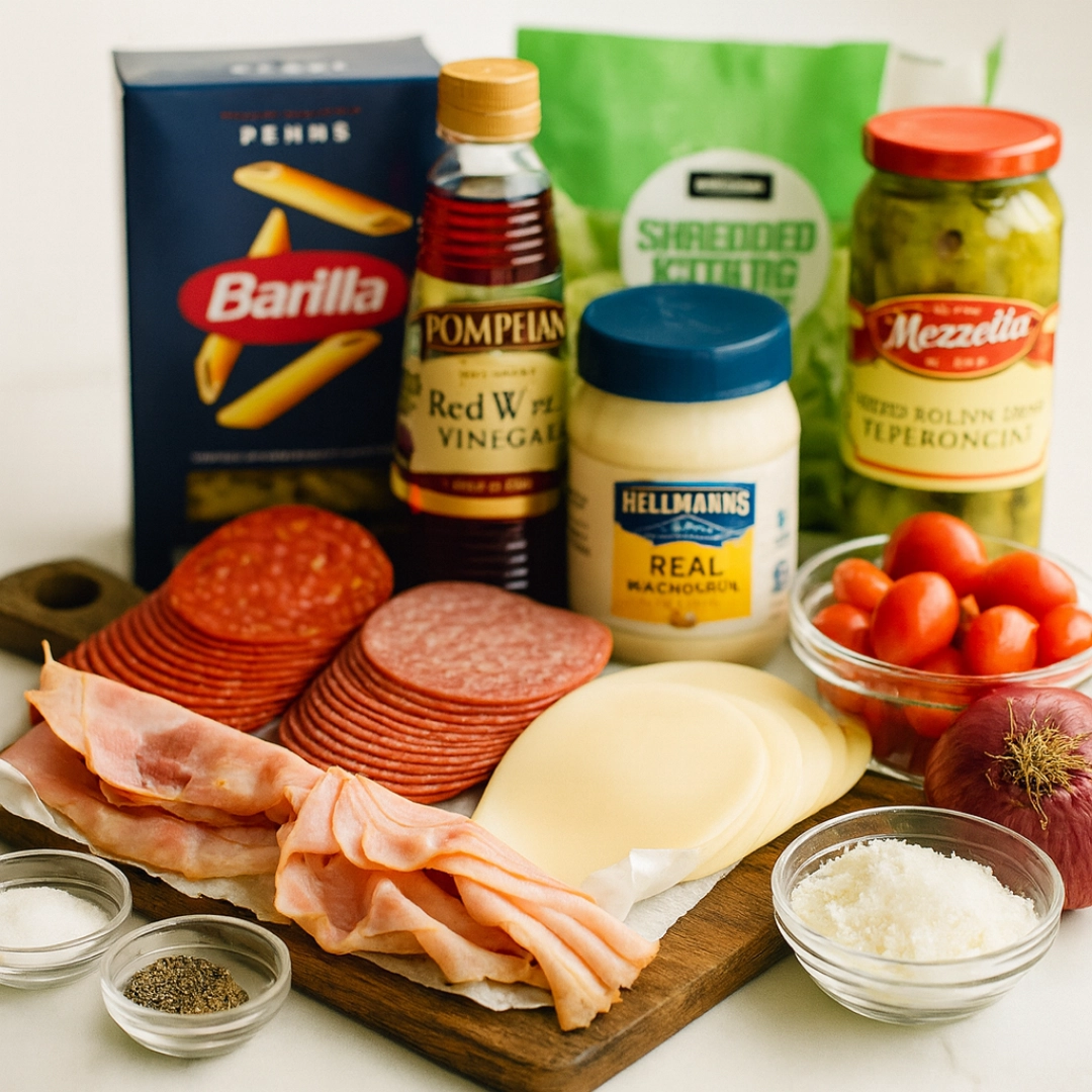 Ingredients for Grinder Pasta Salad Recipe Ingredients for grinder pasta salad recipe laid out on a board