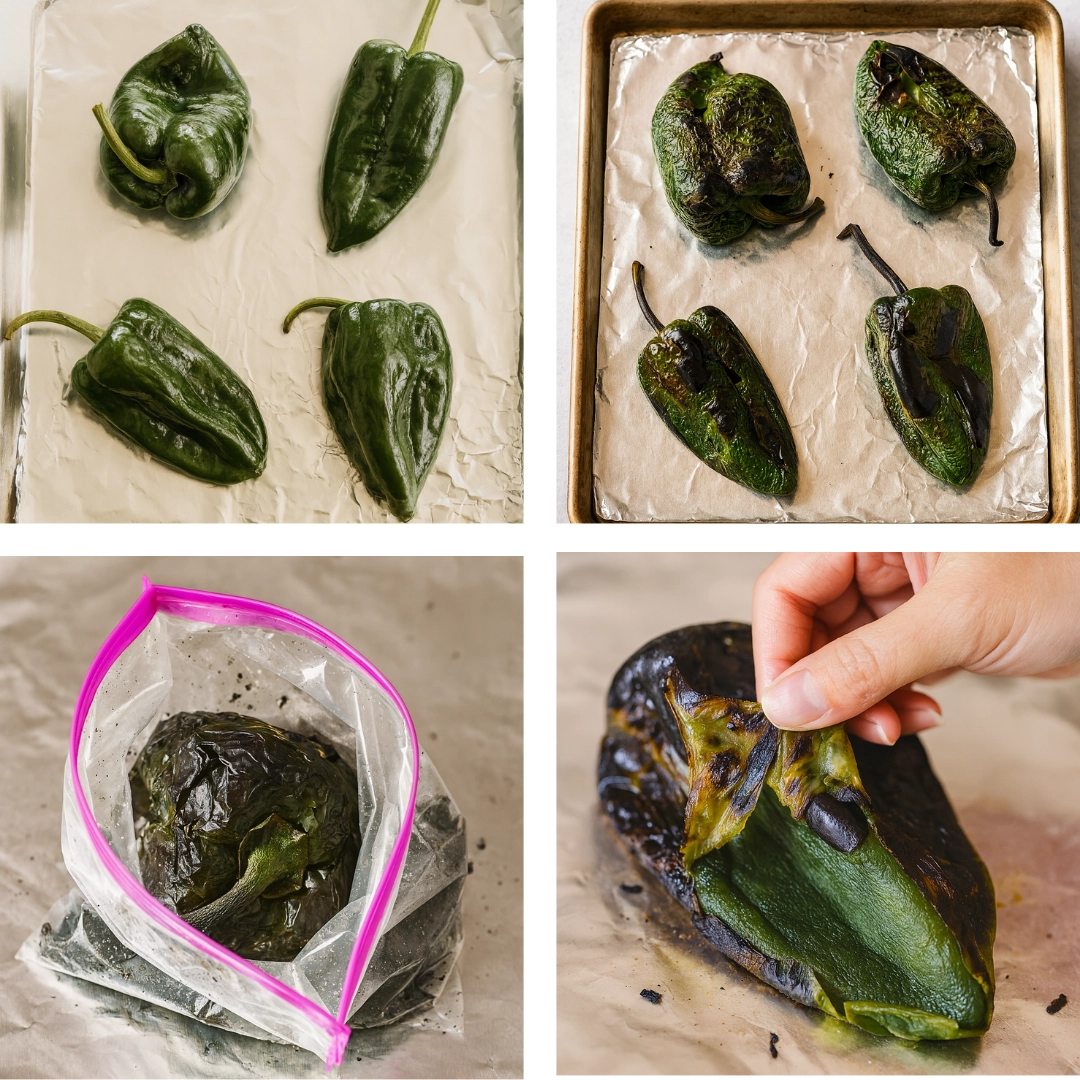 Green Spaghetti – Creamy Espagueti Verde Green Spaghetti steps—roast poblanos, blend sauce, toss with pasta