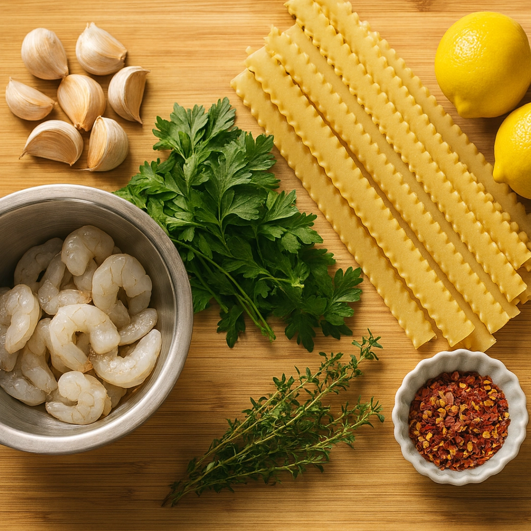 Ingredients for Lemon Ricotta Pasta with Shrimp Ingredients for lemon ricotta pasta with shrimp on a kitchen counter