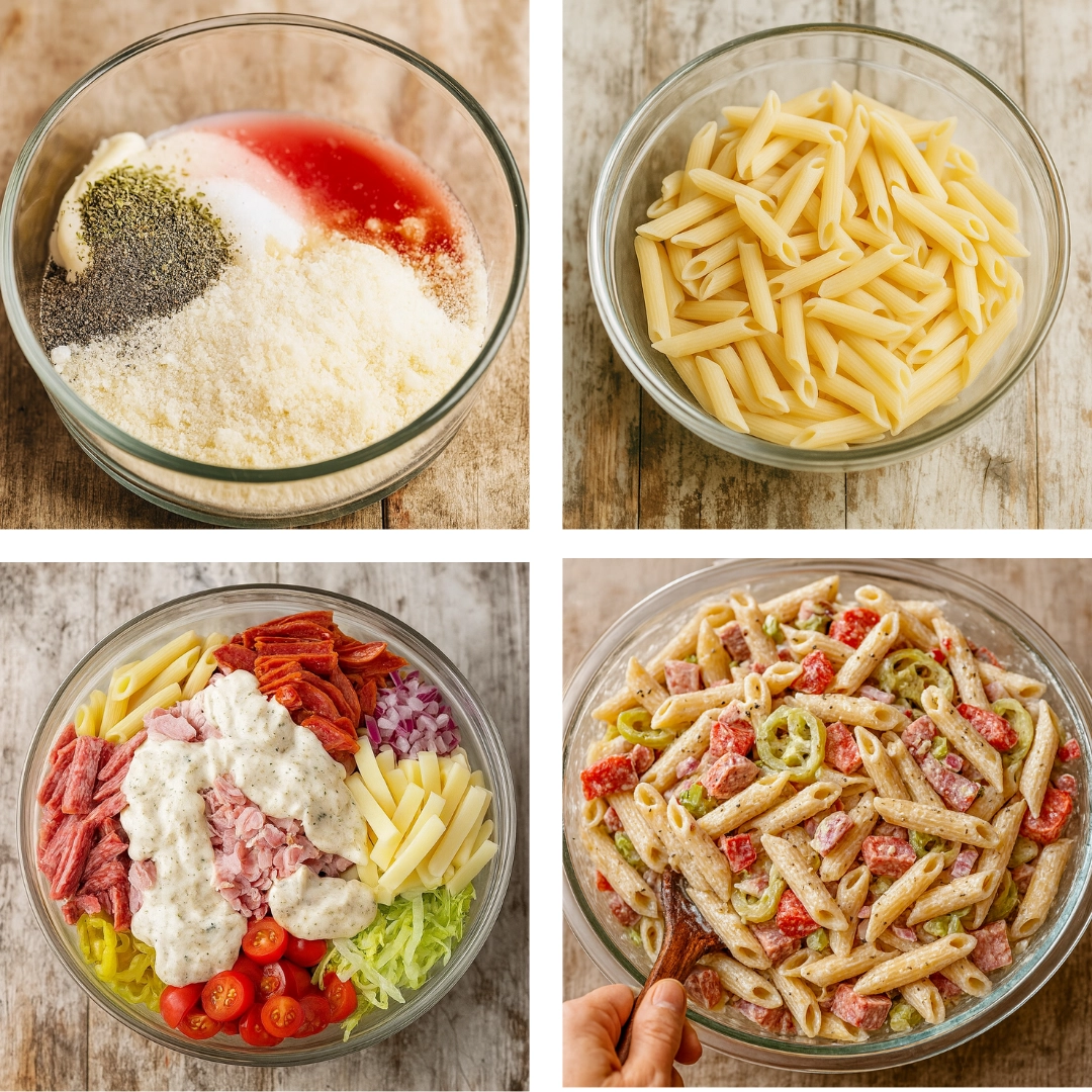 How to Make Grinder Pasta Salad Recipe Step-by-step mixing of grinder pasta salad recipe with dressing