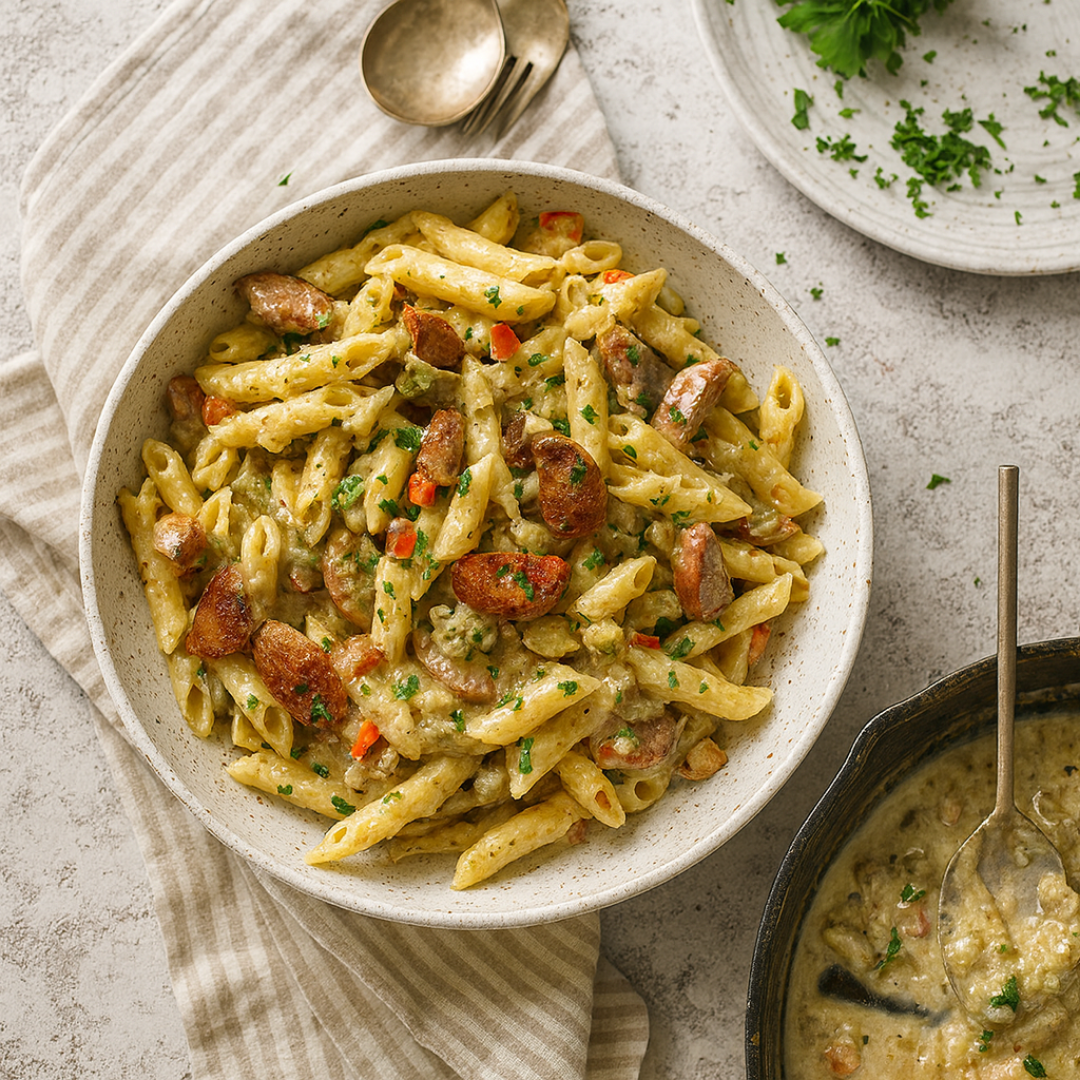 Andouille Sausage Pasta Recipe – Creamy Cajun Skillet andouille sausage pasta recipe served in a skillet