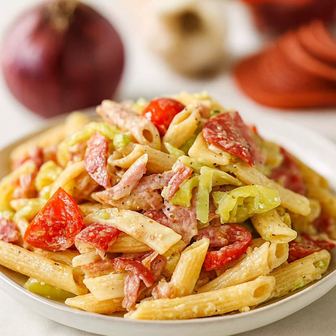 Creamy Grinder Pasta Salad Recipe Creamy grinder pasta salad recipe with deli meats, provolone, and pepperoncini