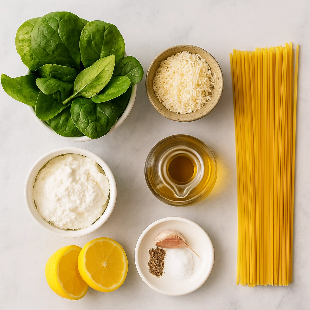 Lemon ricotta pasta recipe ingredients displayed on table