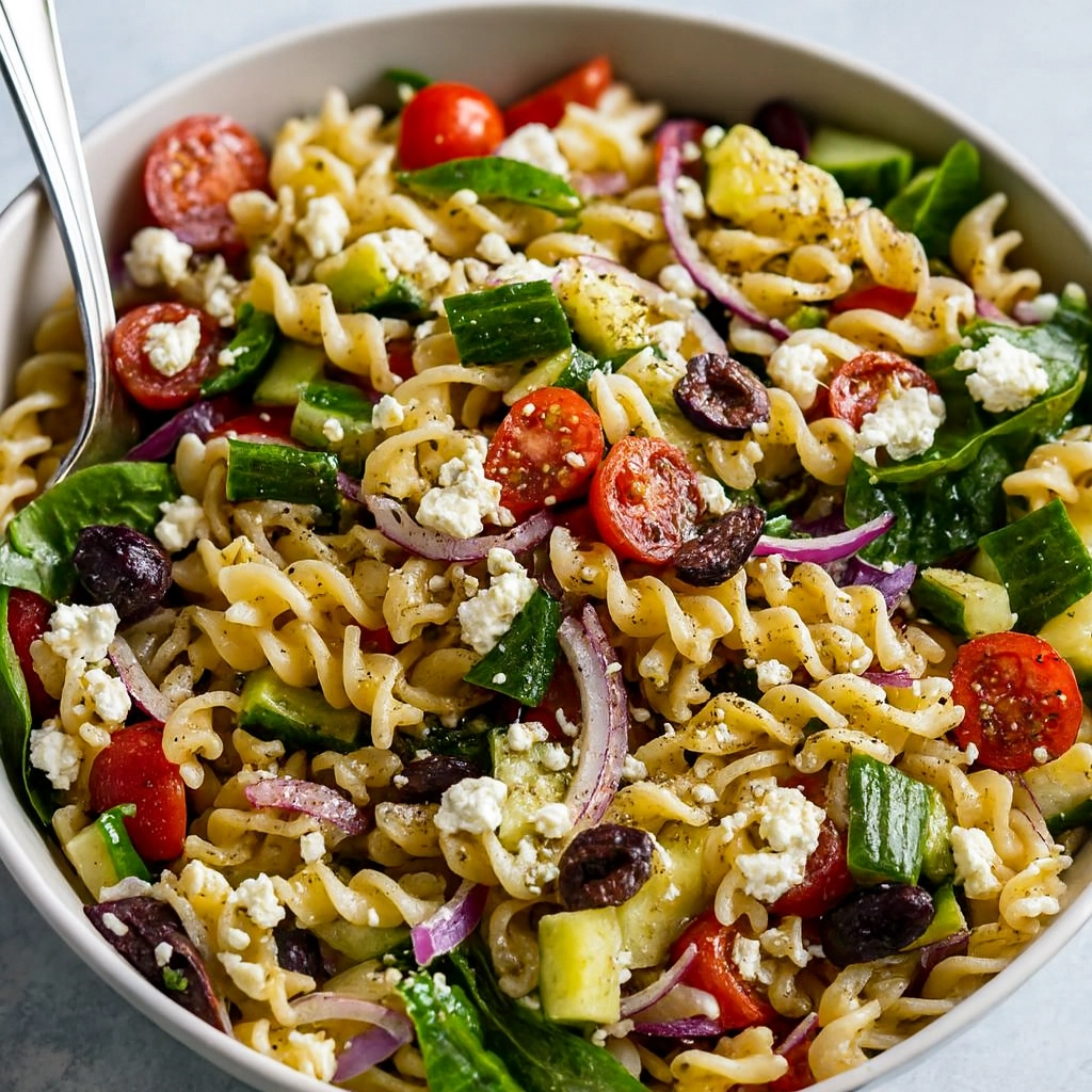 Mediterranean pasta salad recipe in a white serving bowl