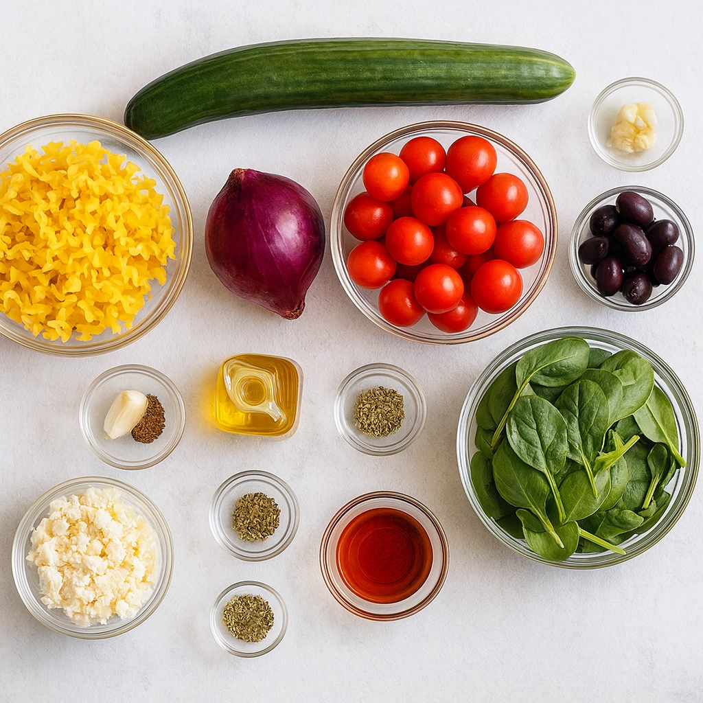 Mediterranean Pasta Salad Ingredients Mediterranean pasta salad recipe ingredients arranged on table