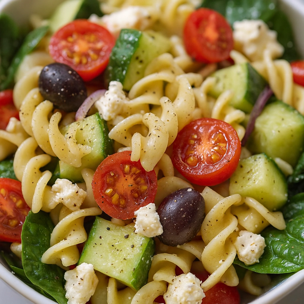 Mediterranean Pasta Salad Recipe – Fresh & Easy Mediterranean pasta salad recipe in a white serving bowl